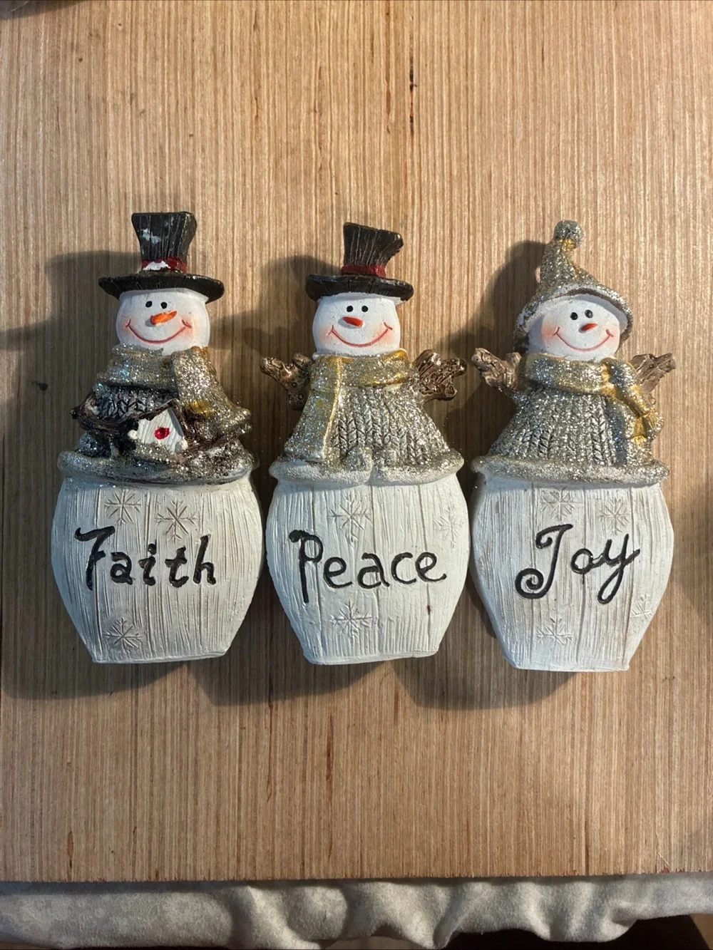 Faith Peace Joy Snowman Ornaments - White and Gold Holiday Decor Wood